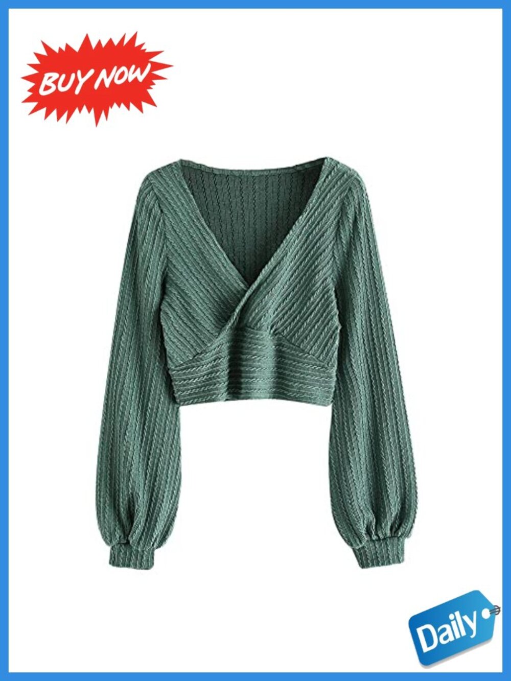 ZAFUL Ribbed Cropped Knit Pullover V-Neck Lantern Sleeve Cable Knit Top